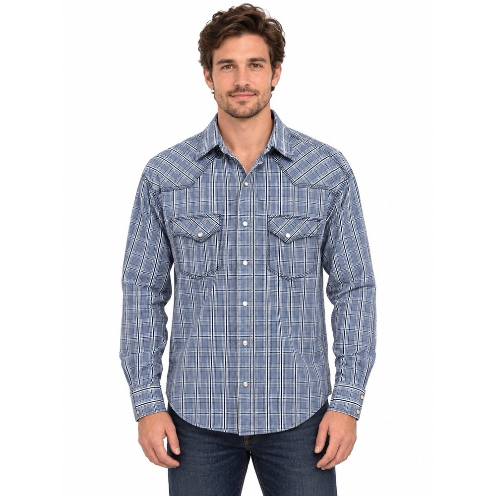 Pintlar Men's XL Blue Plaid Western Pearl Snap Shirt 100% Cotton Cowboy